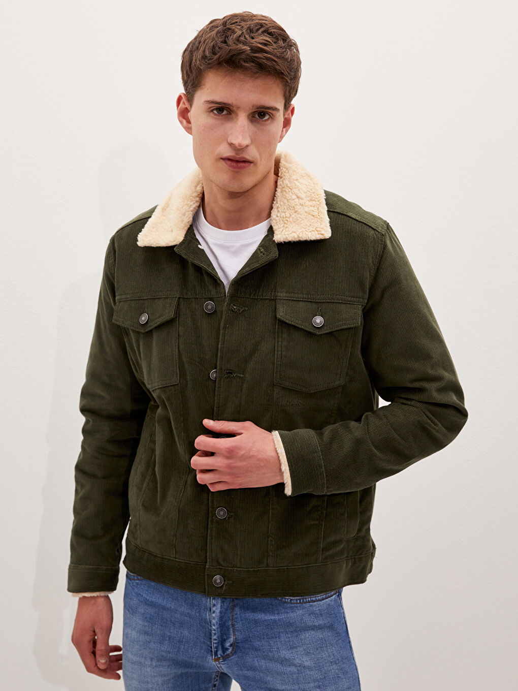 Haki Slim Fit Kürk Yaka Kadife Erkek Mont