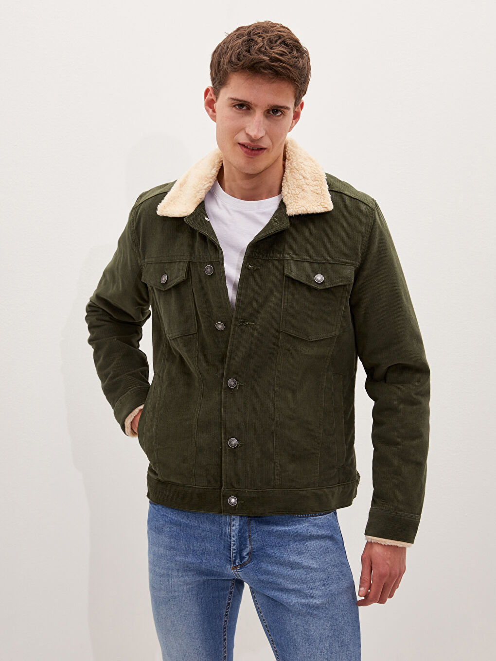 Haki Slim Fit Kürk Yaka Kadife Erkek Mont-1