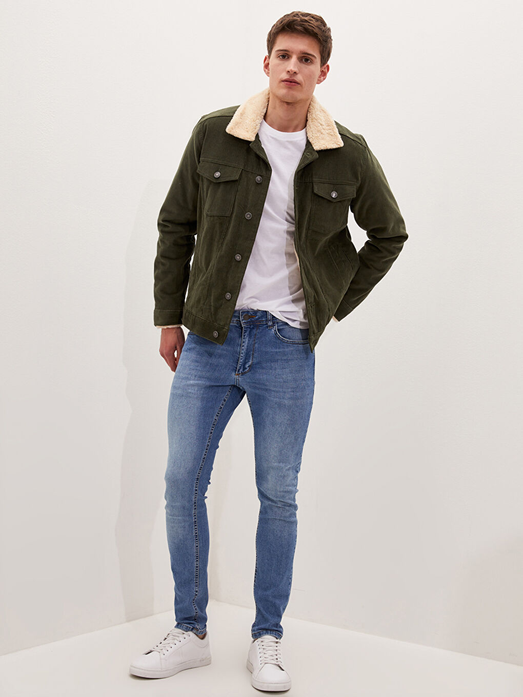 Haki Slim Fit Kürk Yaka Kadife Erkek Mont-2