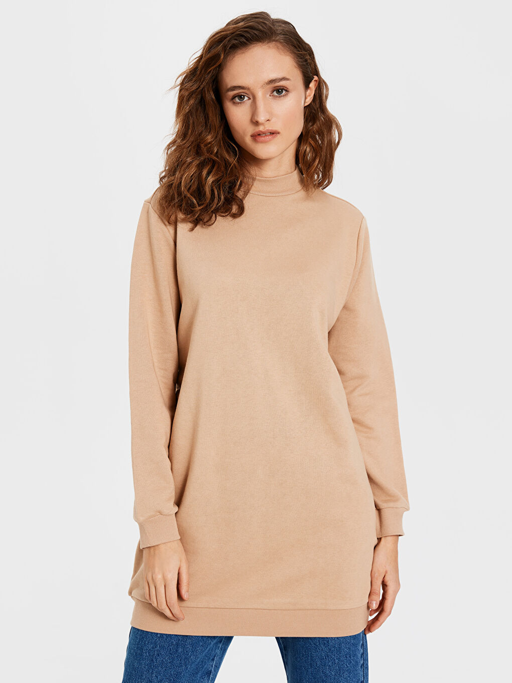 Bej Dik Yaka Sweatshirt Kumaşı Kadın Tunik-1