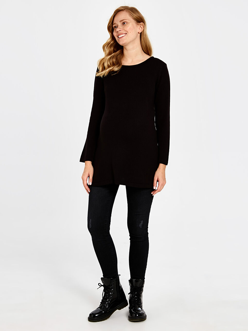 Siyah Bisiklet Yaka Uzun Kollu Hamile Mercury Skinny Jean Pantolon-1