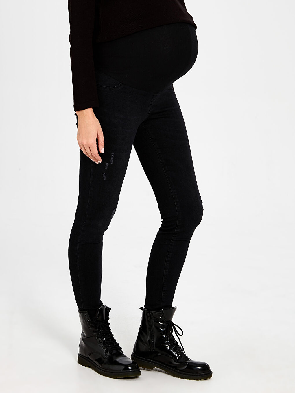 Siyah Bisiklet Yaka Uzun Kollu Hamile Mercury Skinny Jean Pantolon-2