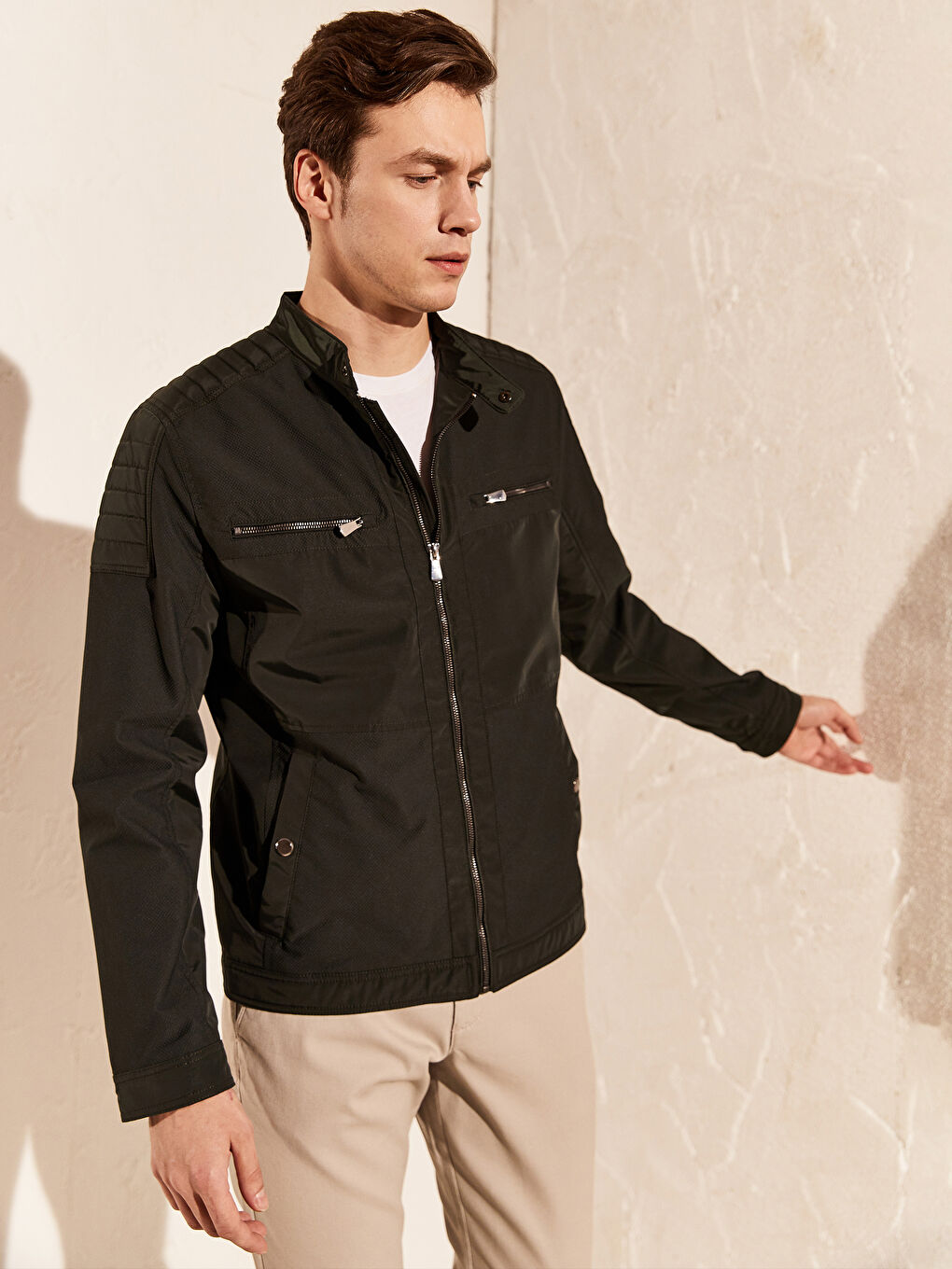 Yeşil Slim Fit Dik Yaka İnce Erkek Mont