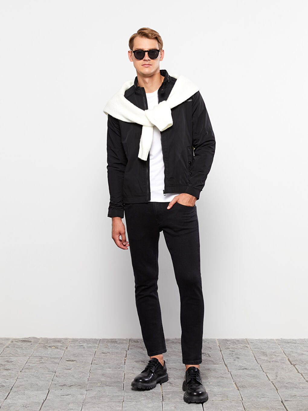 Siyah Slim Fit Biker Yaka İnce Erkek Mont