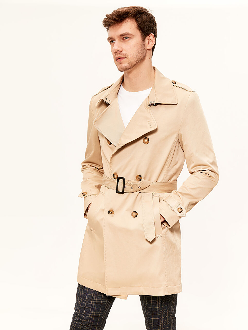 Bej Slim Fit İnce Trençkot