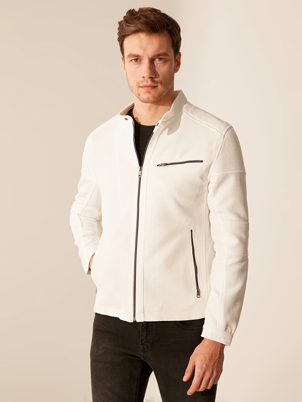 Beyaz Slim Fit Biker Yaka İnce Erkek Mont