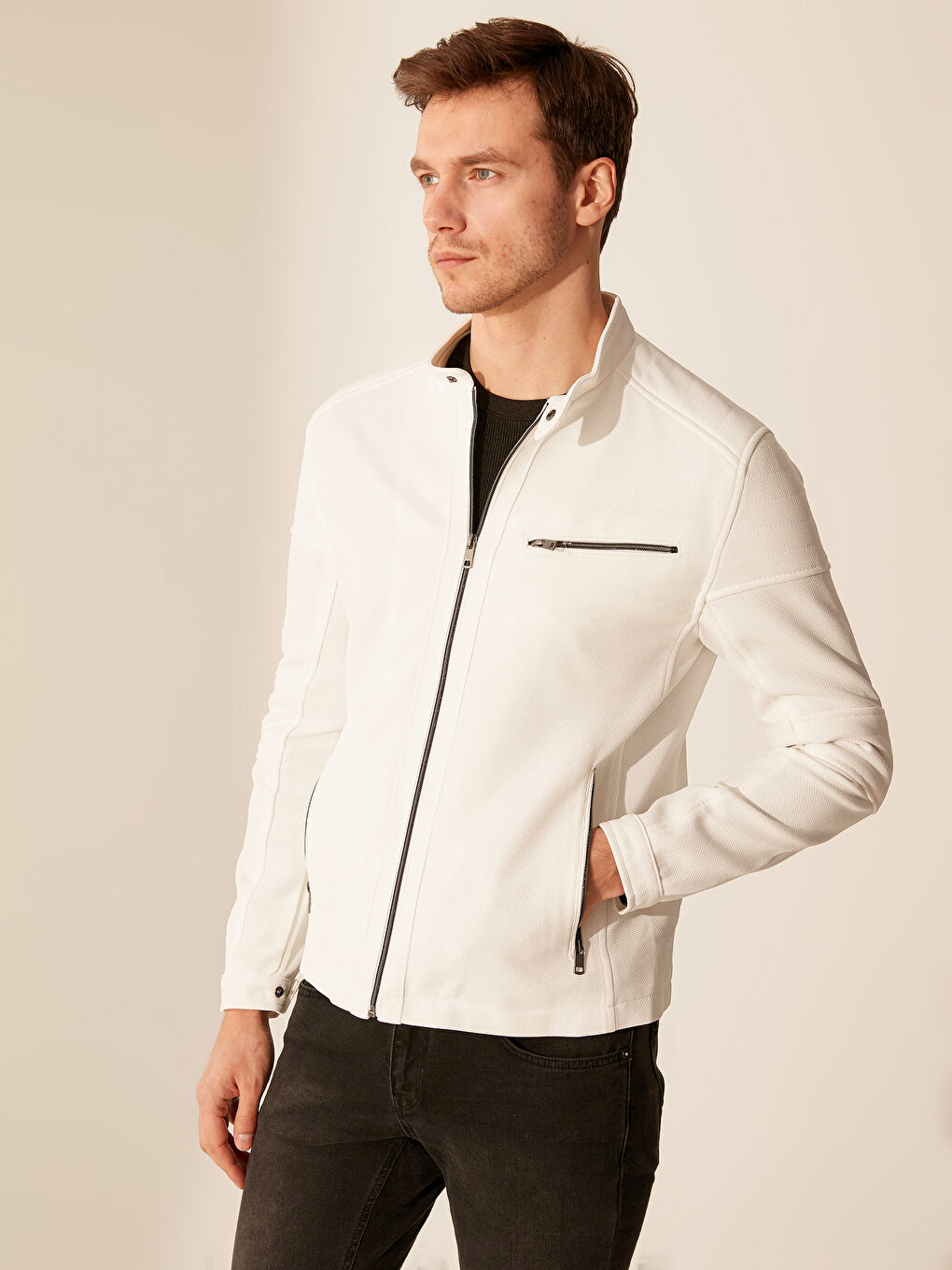 Beyaz Slim Fit Biker Yaka İnce Erkek Mont-1