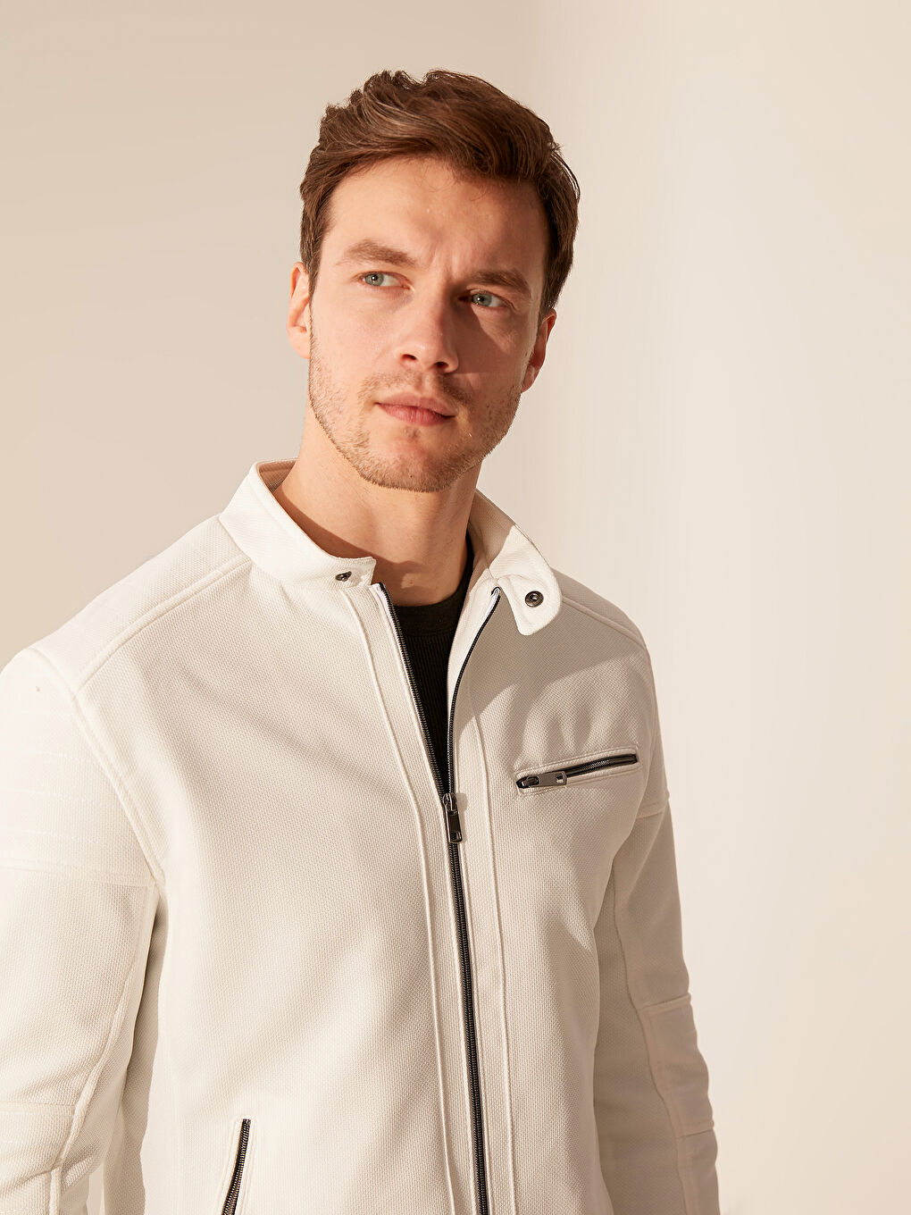 Beyaz Slim Fit Biker Yaka İnce Erkek Mont-2