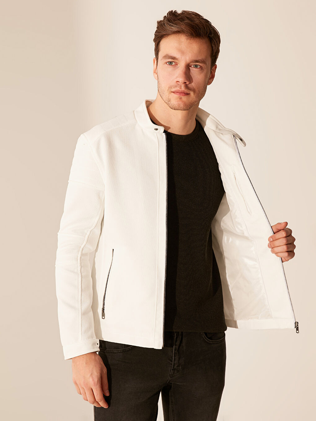 Beyaz Slim Fit Biker Yaka İnce Erkek Mont-3
