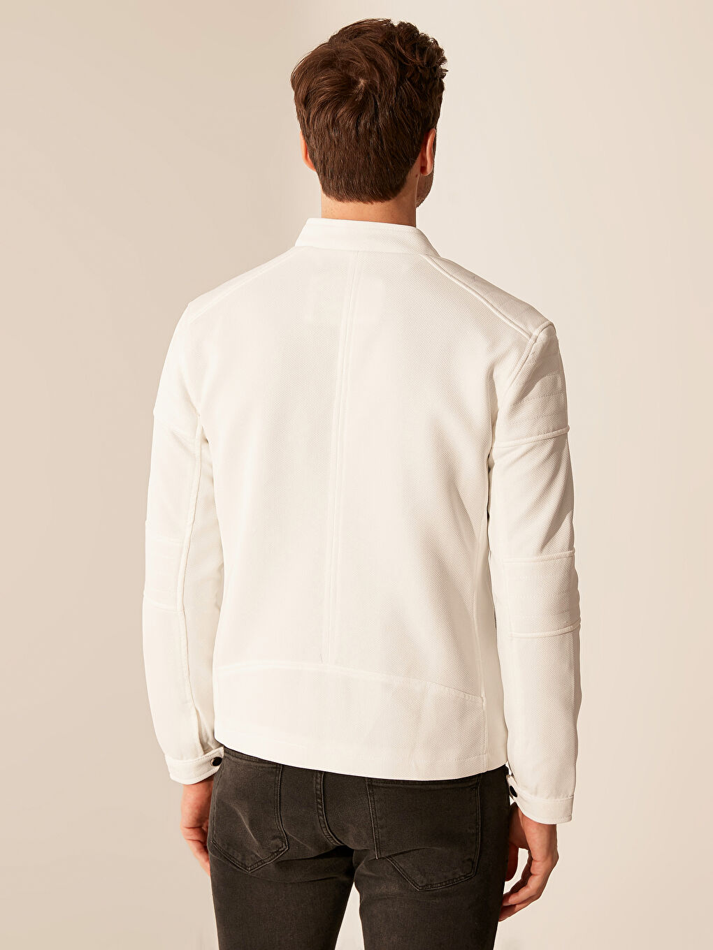 Beyaz Slim Fit Biker Yaka İnce Erkek Mont-4