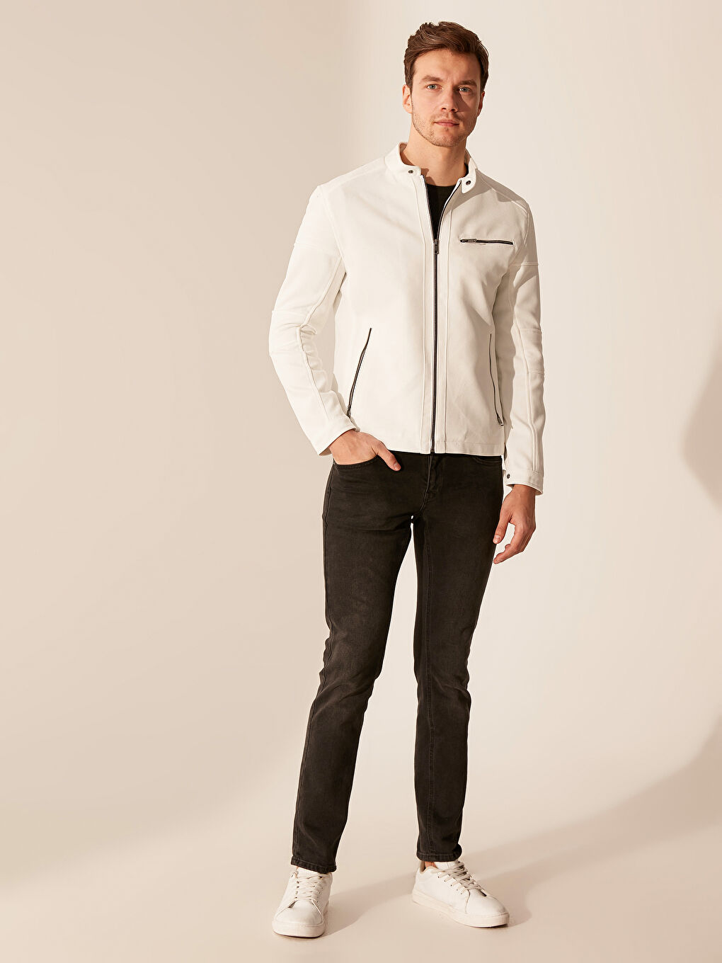 Beyaz Slim Fit Biker Yaka İnce Erkek Mont-5