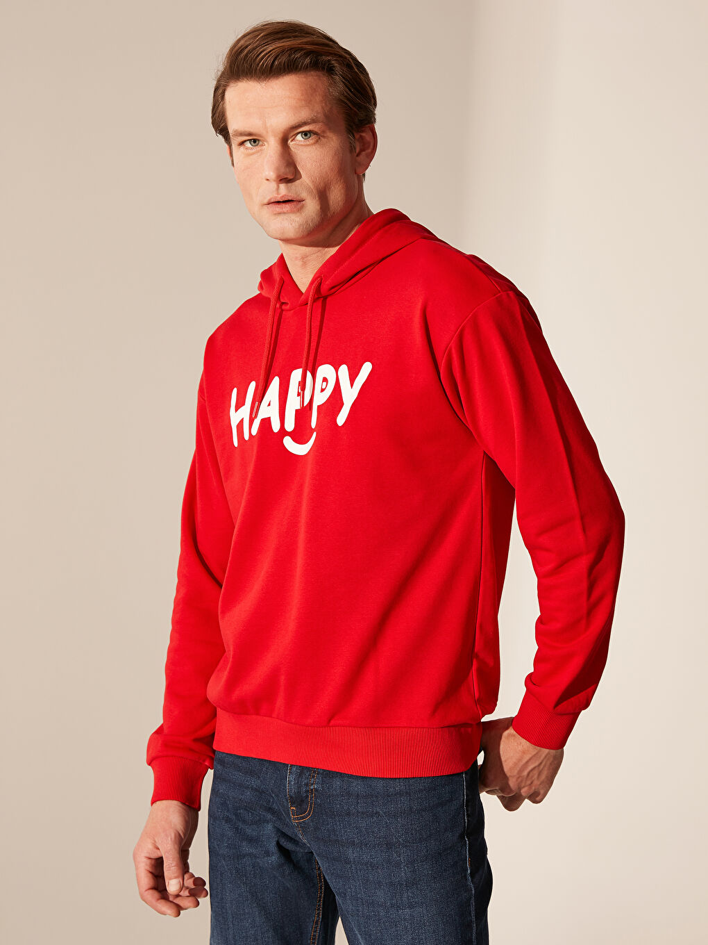 Kırmızı Uzun Kollu Baskılı Erkek Hoodie-1