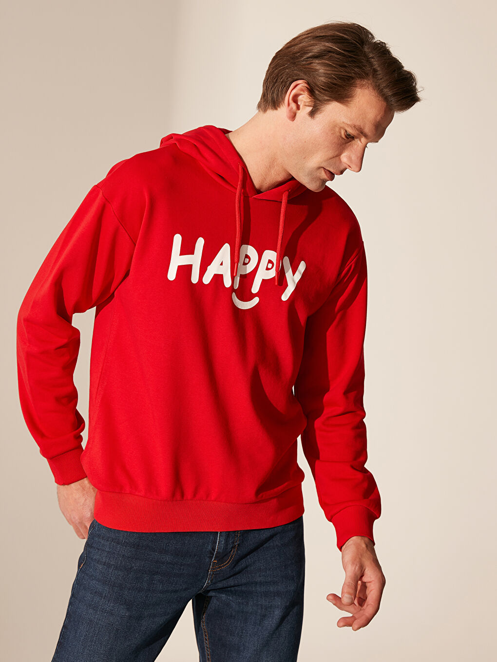 Kırmızı Uzun Kollu Baskılı Erkek Hoodie-3