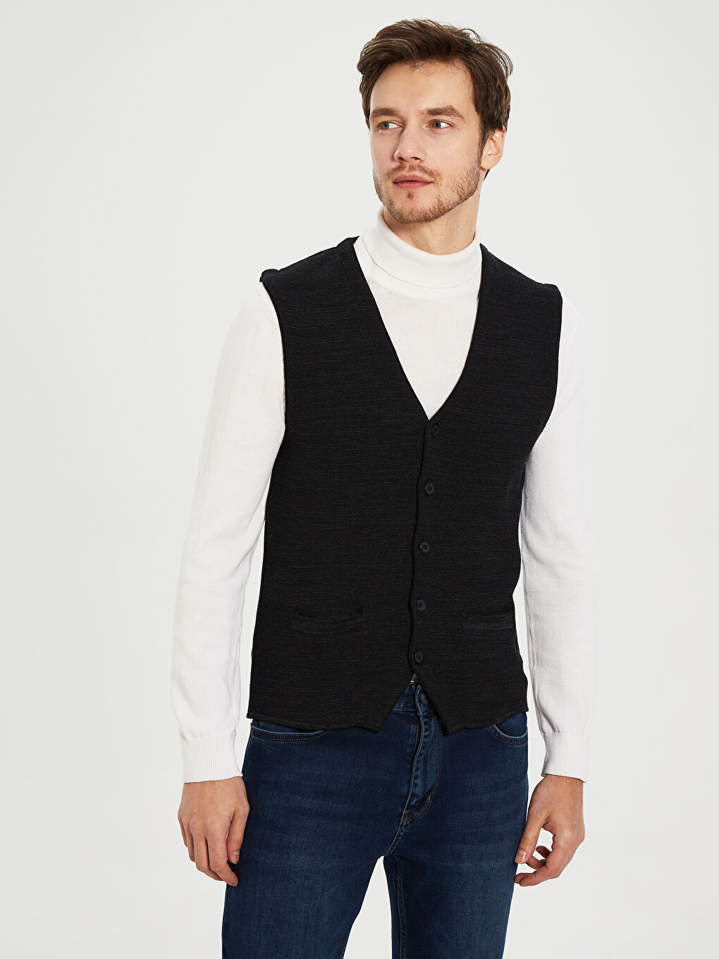 Antrasit V Yaka İnce Erkek Triko Yelek
