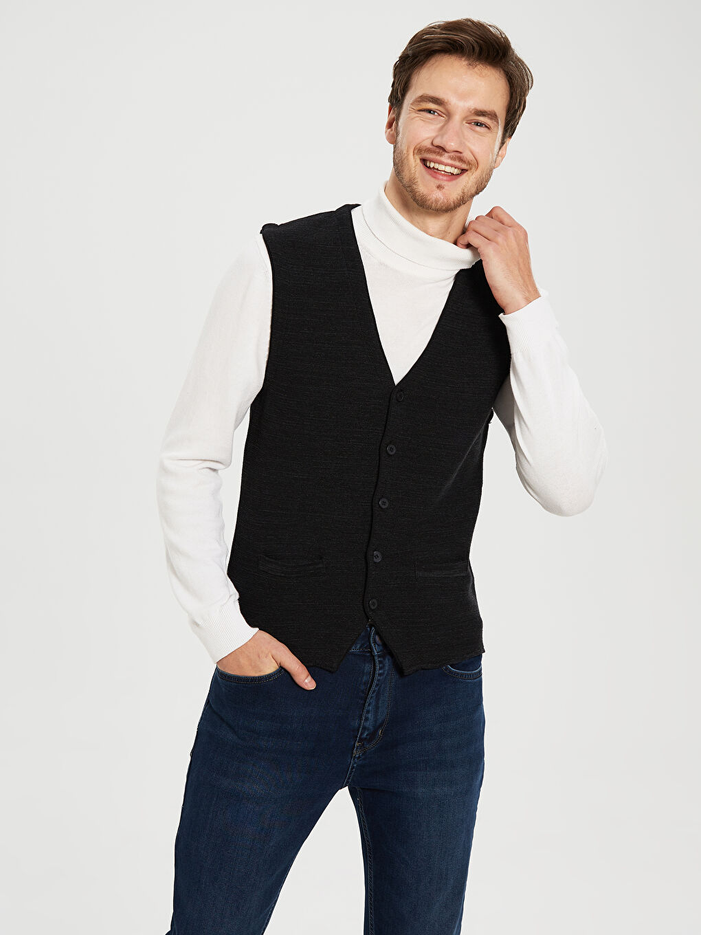 Antrasit V Yaka İnce Erkek Triko Yelek-2