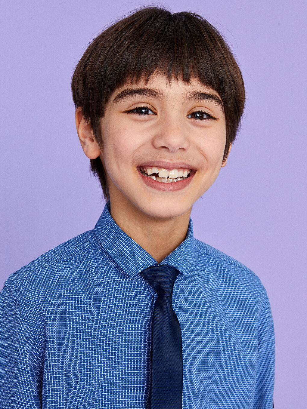 Mavi Kendinden Desenli Uzun Kollu Erkek Çocuk Gömlek ve Kravat