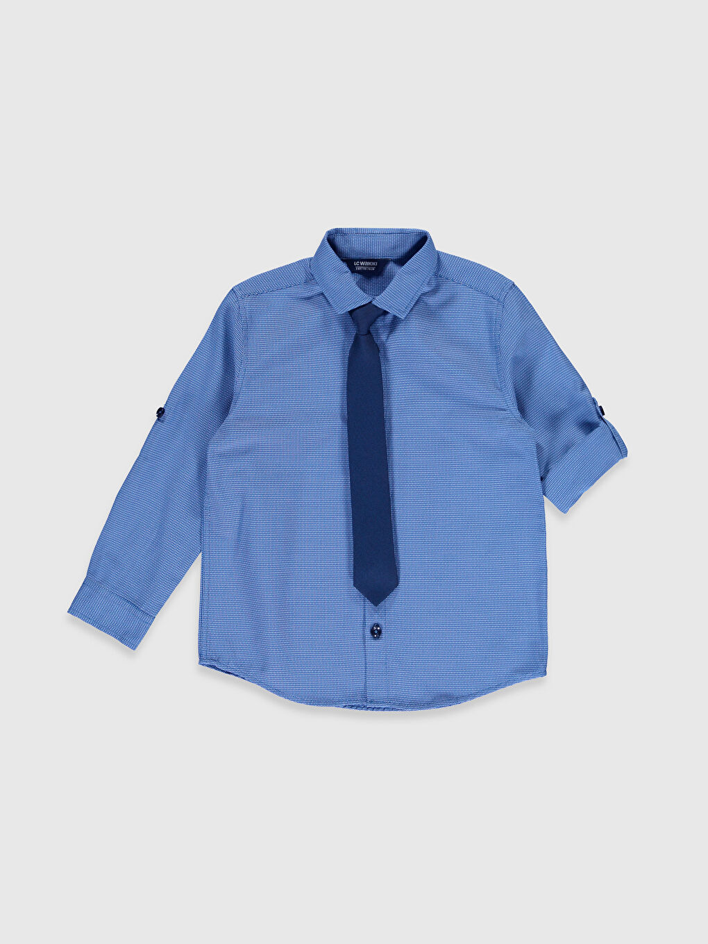 Mavi Kendinden Desenli Uzun Kollu Erkek Çocuk Gömlek ve Kravat-2