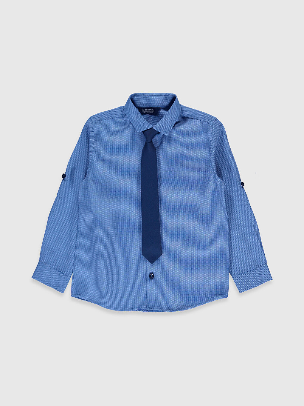 Mavi Kendinden Desenli Uzun Kollu Erkek Çocuk Gömlek ve Kravat-3