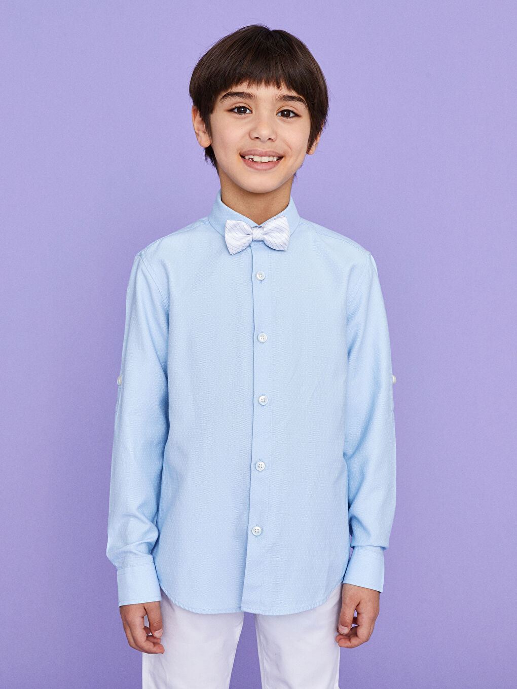 Mavi Kendinden Desenli Uzun Kollu Erkek Çocuk Gömlek ve Papyon-2