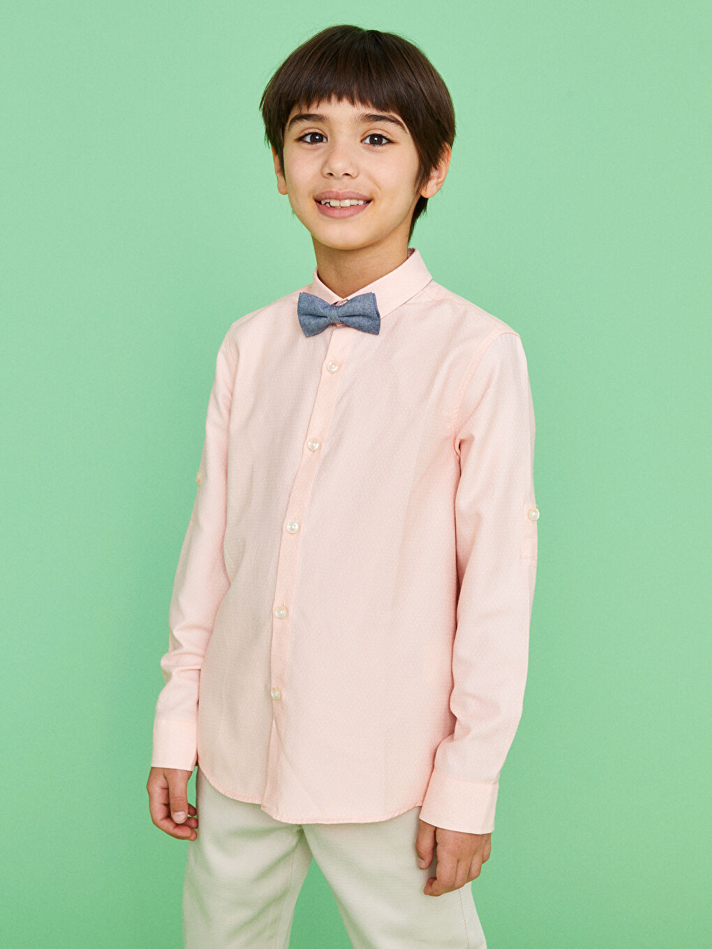 Pembe Kendinden Desenli Uzun Kollu Erkek Çocuk Gömlek ve Papyon-4