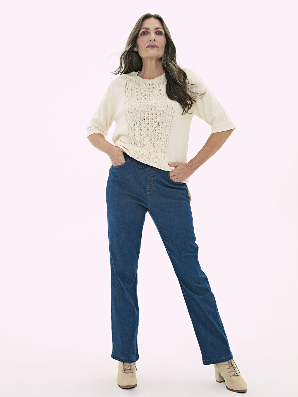 Mavi Beli Lastikli Düz Paça Kadın Jean Pantolon-7