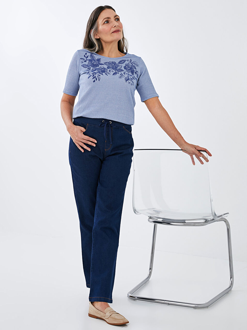 Mavi Beli Lastikli Düz Paça Kadın Jean Pantolon-5