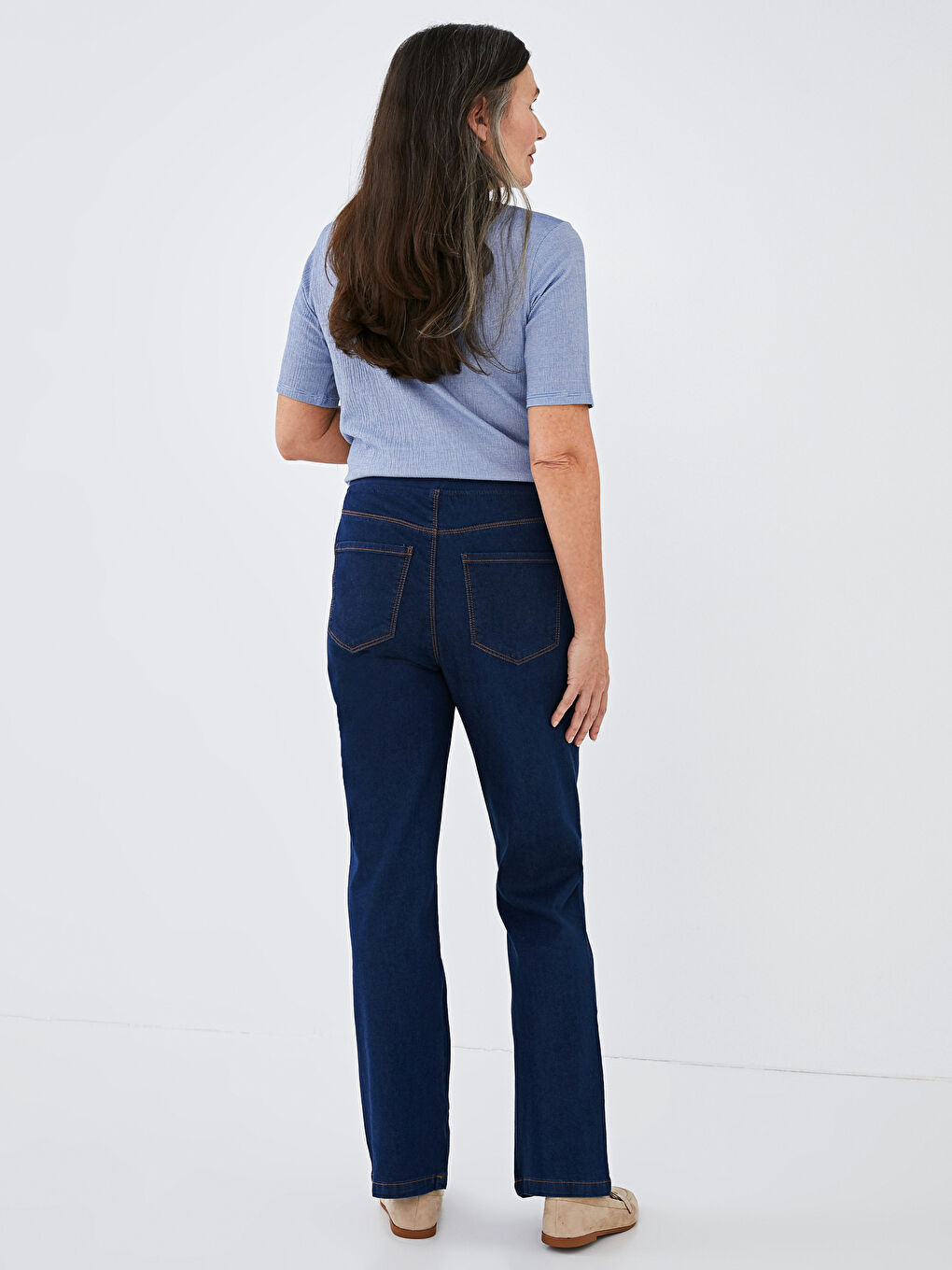 Mavi Beli Lastikli Düz Paça Kadın Jean Pantolon-6