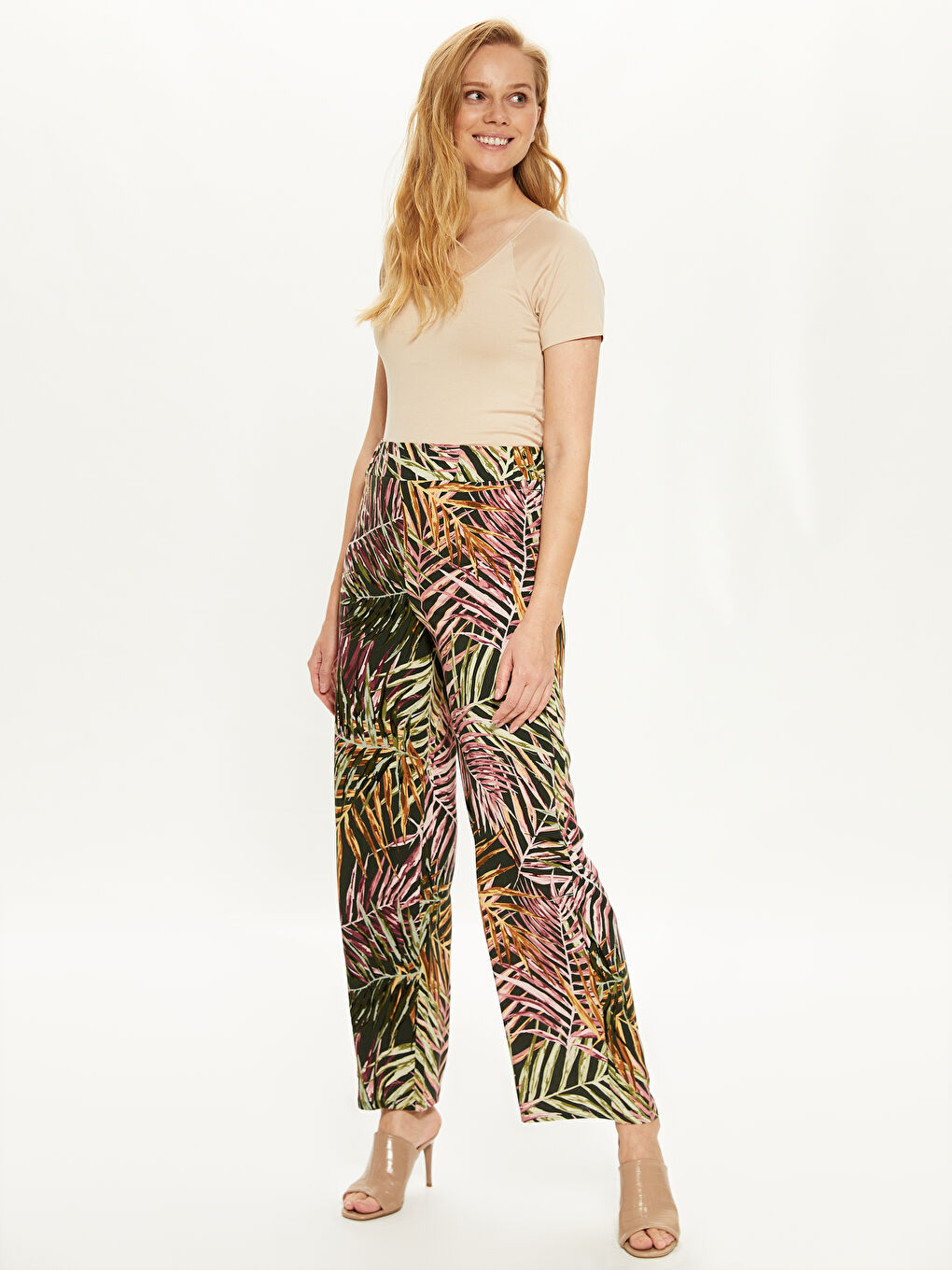Elastic Waist Figured Palazzo Pants-1