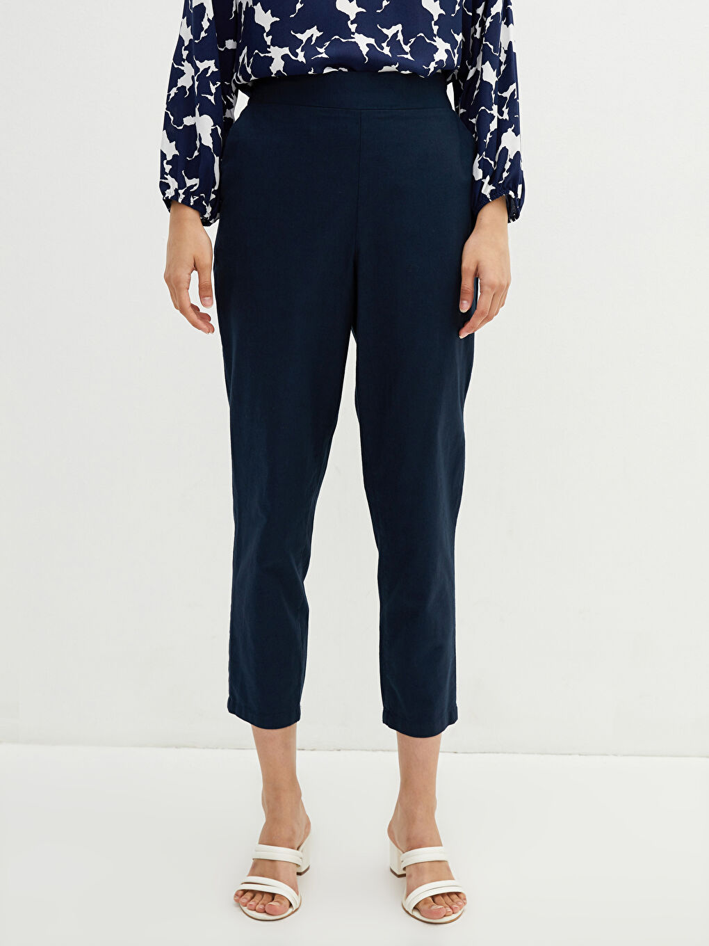 Lacivert Yüksek Bel Havuç Keten Pantolon-3