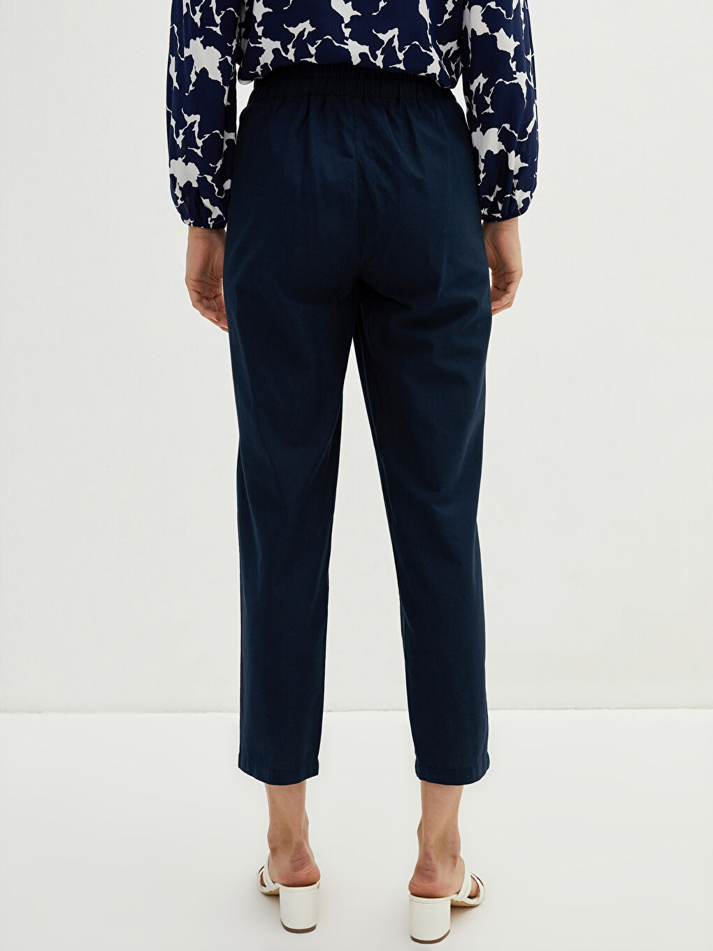 Lacivert Yüksek Bel Havuç Keten Pantolon-4