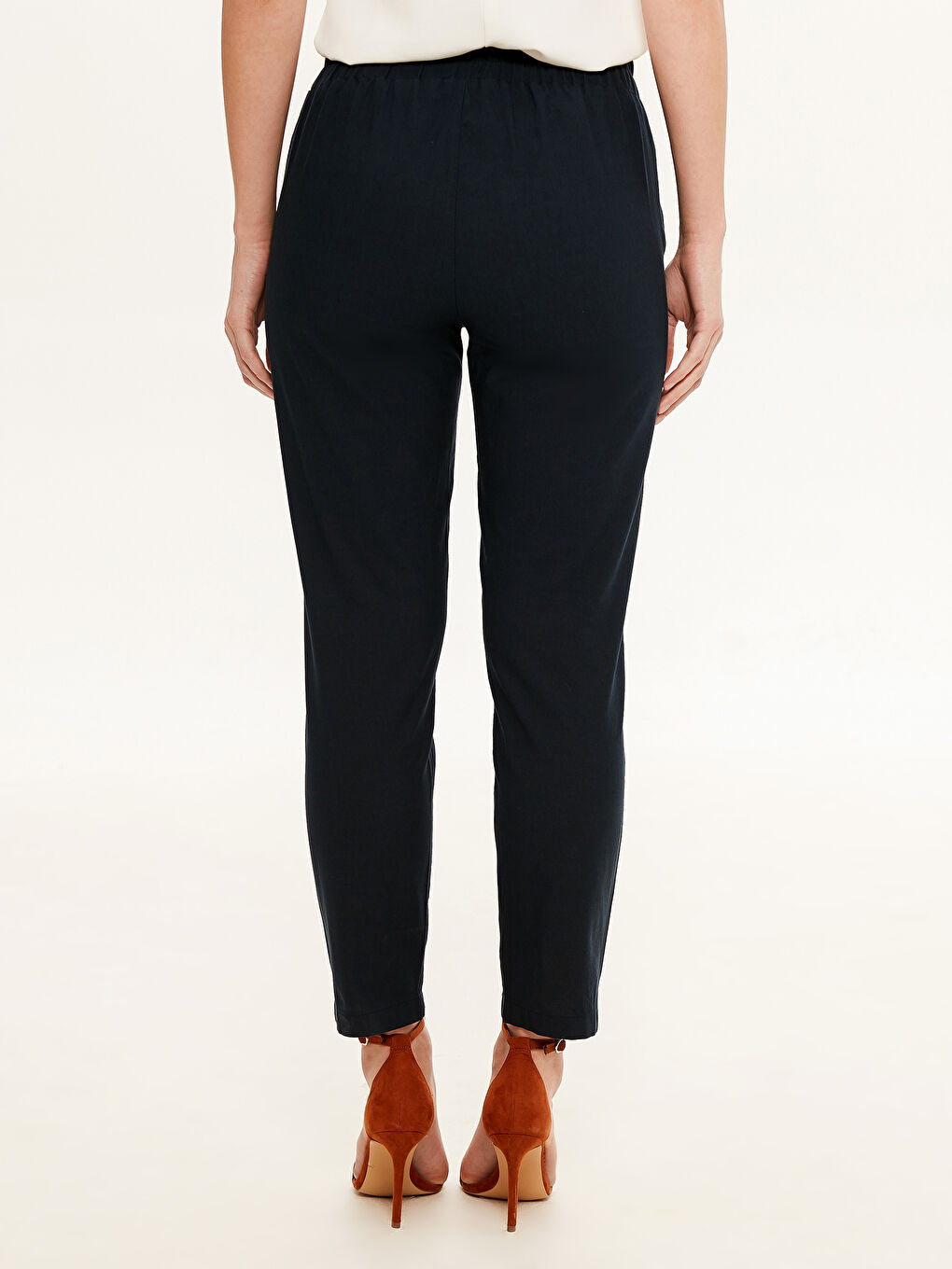 Lacivert Yüksek Bel Havuç Keten Pantolon-6