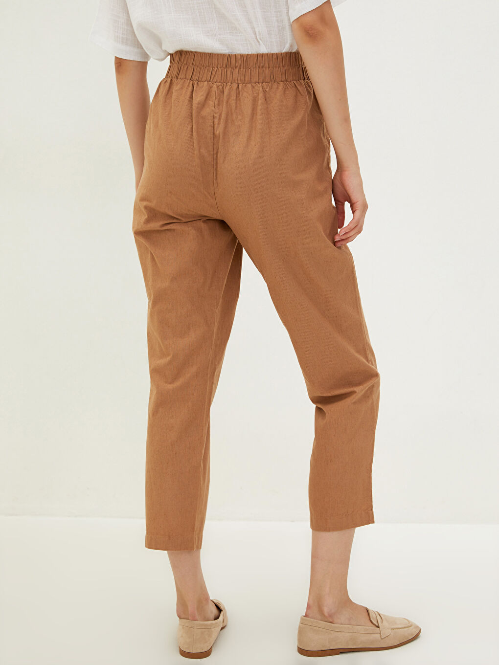 Bej Yüksek Bel Havuç Keten Pantolon-4