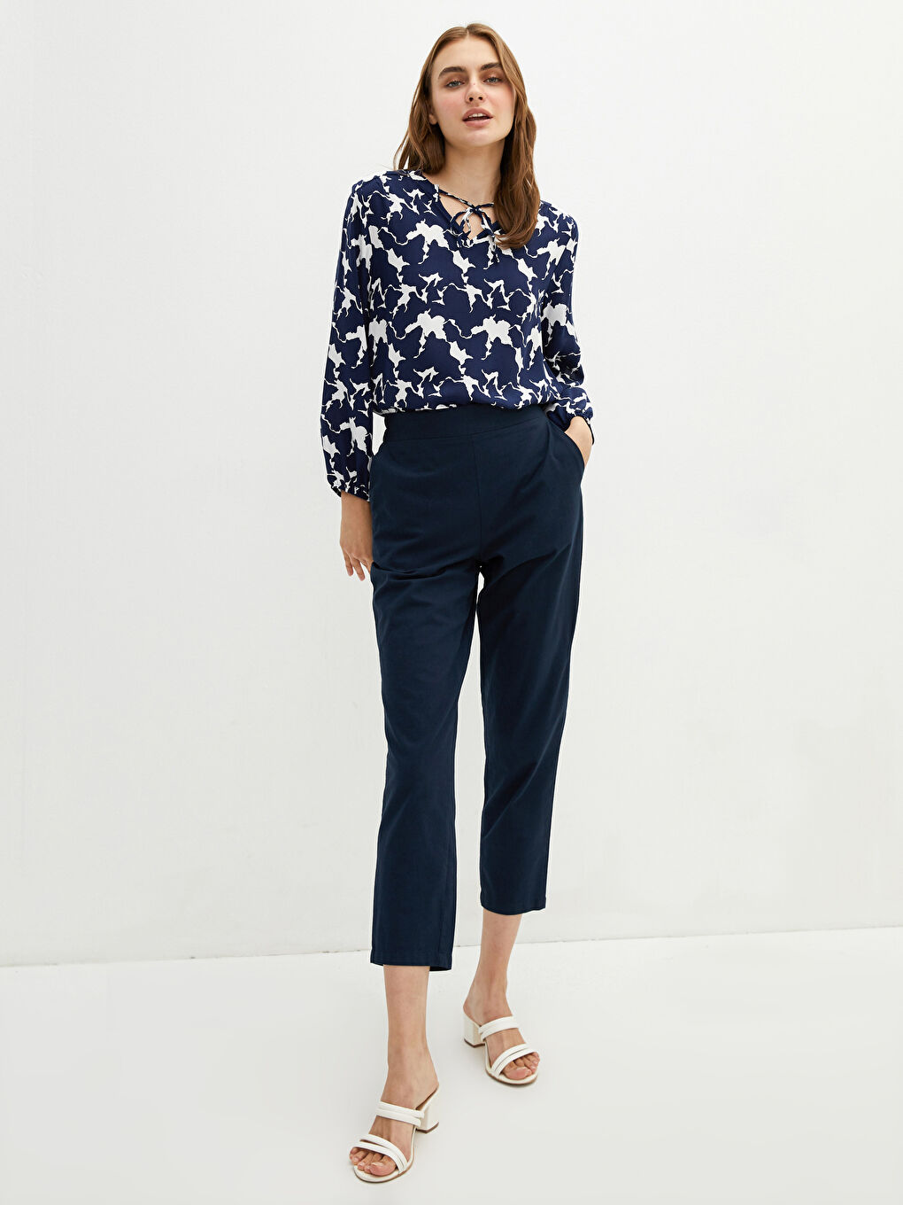 Lacivert Yüksek Bel Havuç Keten Pantolon