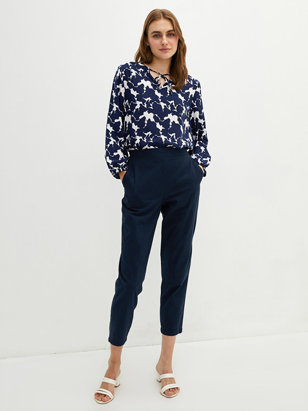 Lacivert Yüksek Bel Havuç Keten Pantolon-2