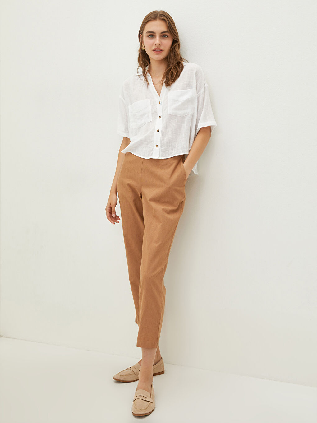 Bej Yüksek Bel Havuç Keten Pantolon