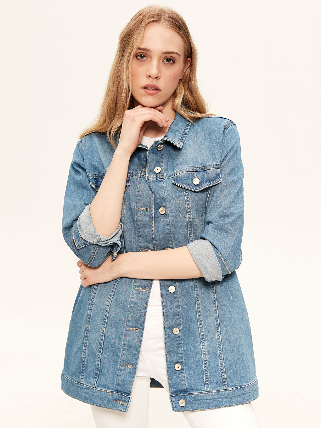 Jean Jacket Women Long Sleeve Button Detail-1