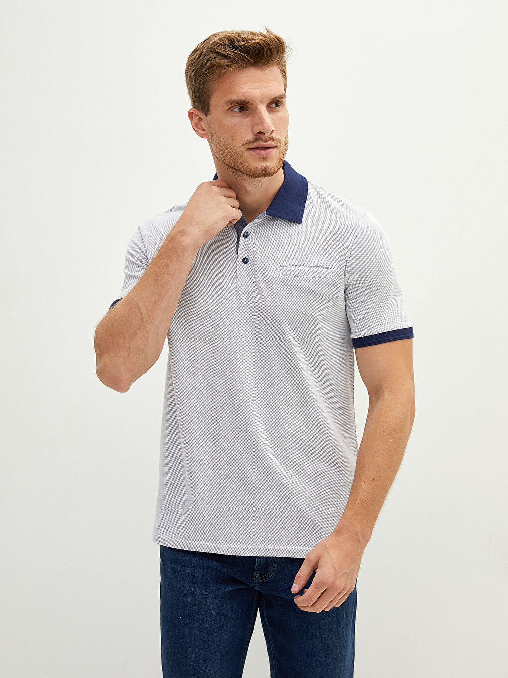 Bej Polo Yaka Kısa Kollu Pike Erkek Tişört-1