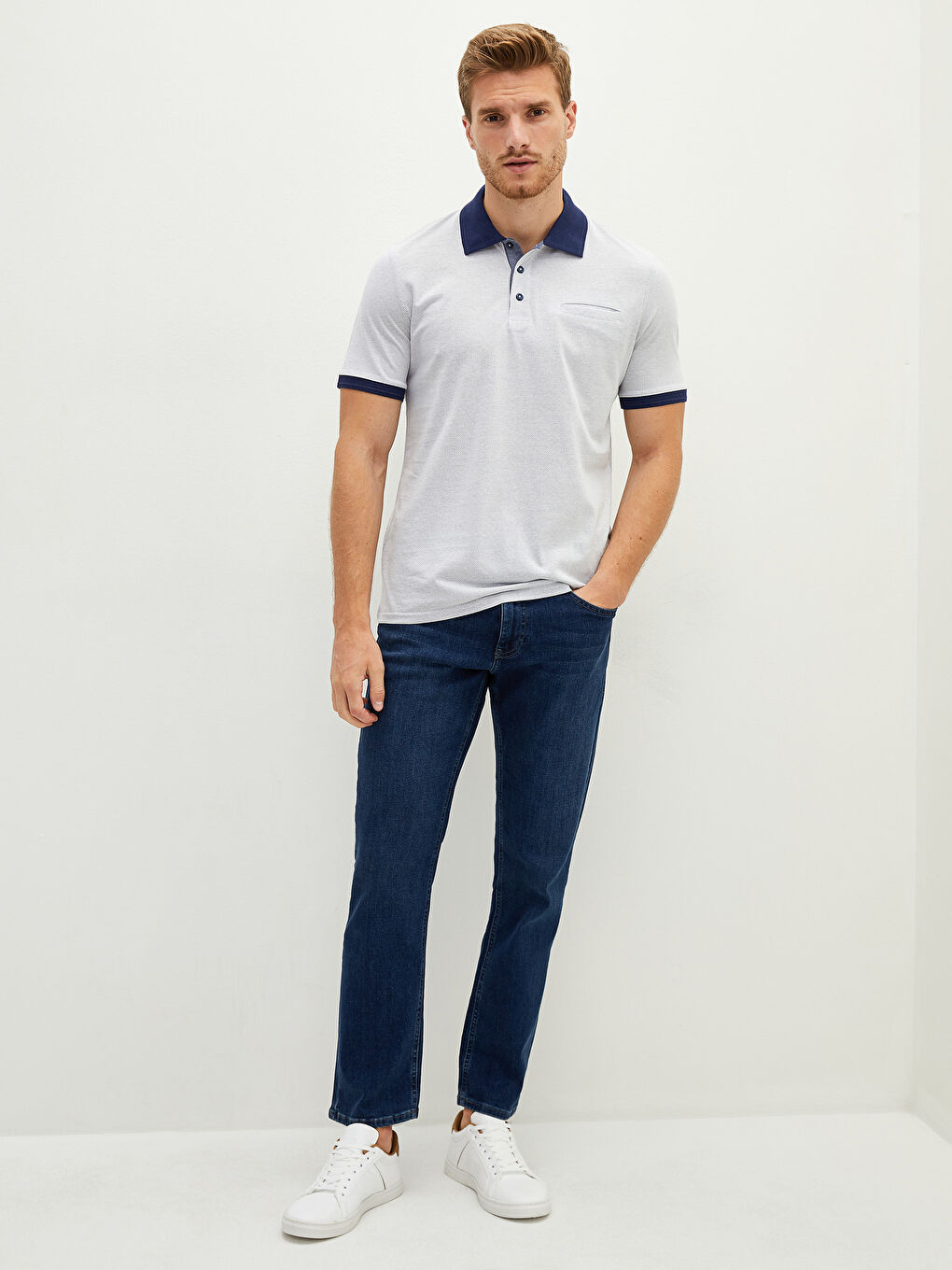 Bej Polo Yaka Kısa Kollu Pike Erkek Tişört-3