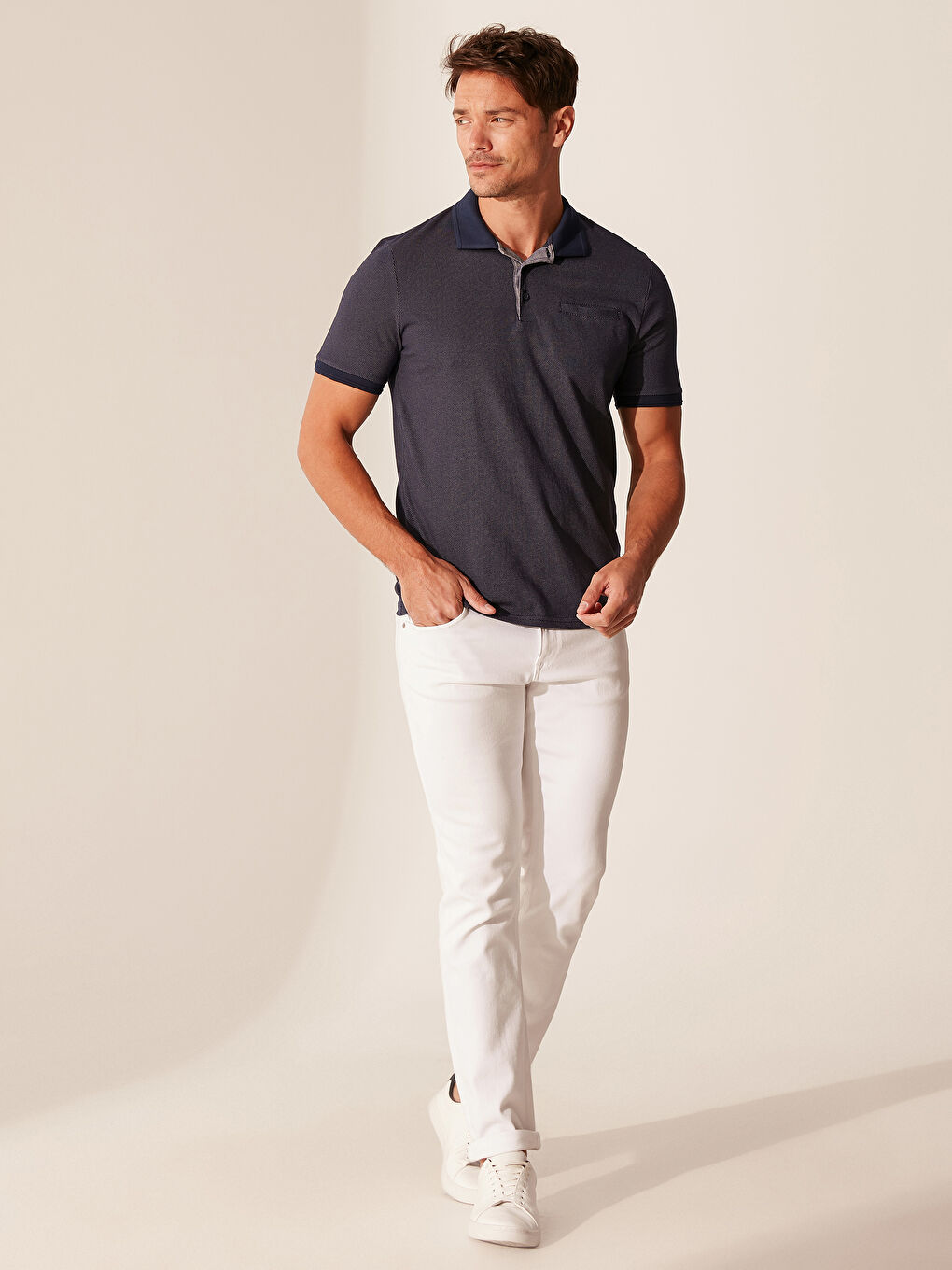 Lacivert Polo Yaka Kısa Kollu Pike Erkek Tişört-4