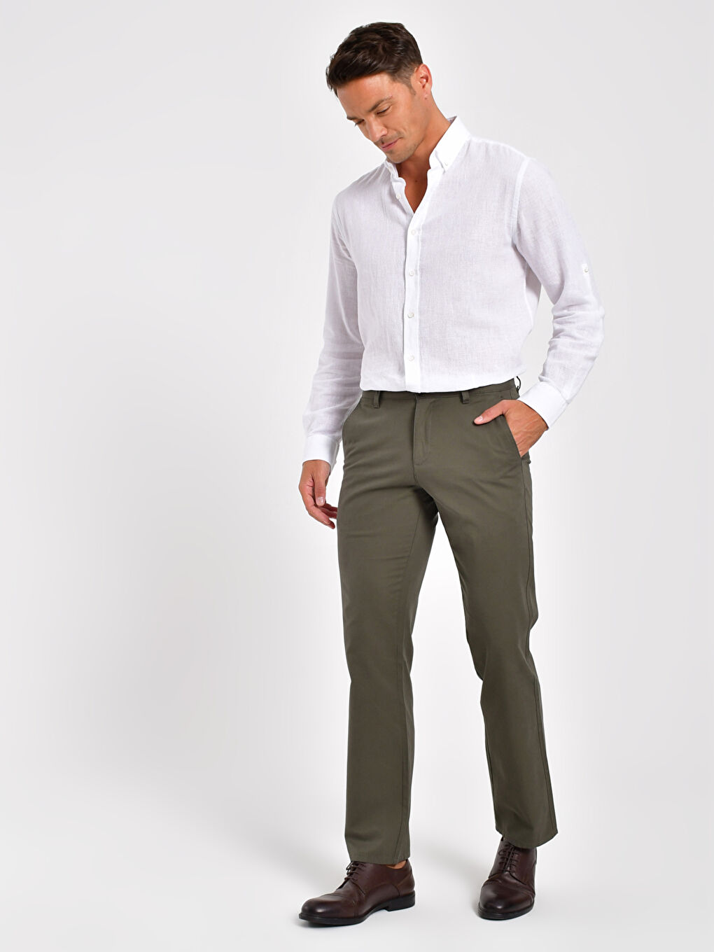 Haki Geniş Kalıp Gabardin Erkek Chino Pantolon-1