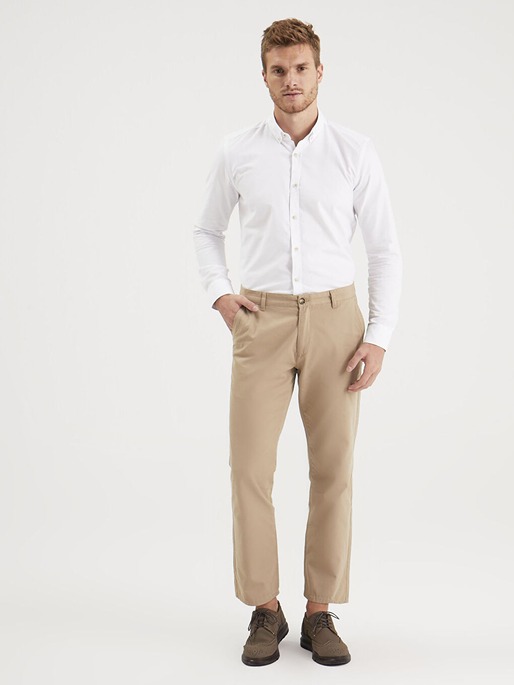 Bej Geniş Kalıp Gabardin Erkek Chino Pantolon