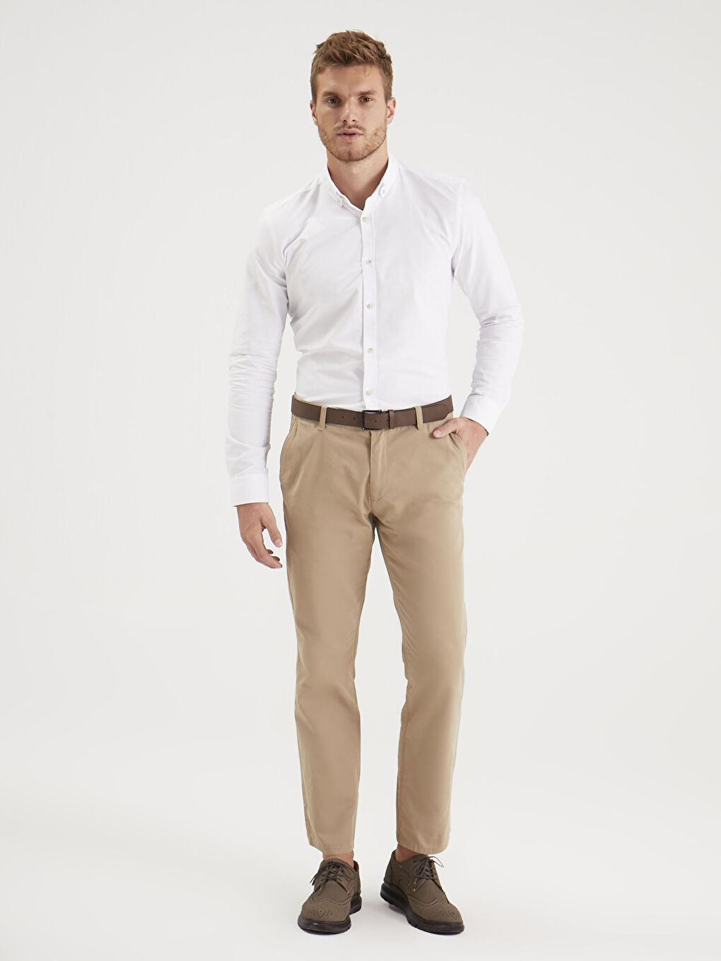 Bej Geniş Kalıp Gabardin Erkek Chino Pantolon-1
