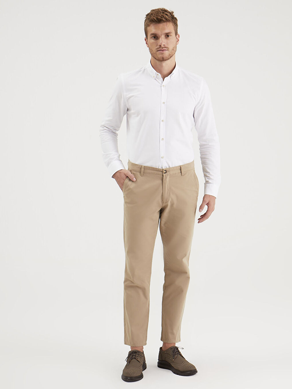 Bej Geniş Kalıp Gabardin Erkek Chino Pantolon-2