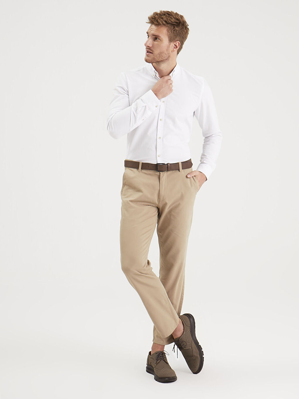 Bej Geniş Kalıp Gabardin Erkek Chino Pantolon-3