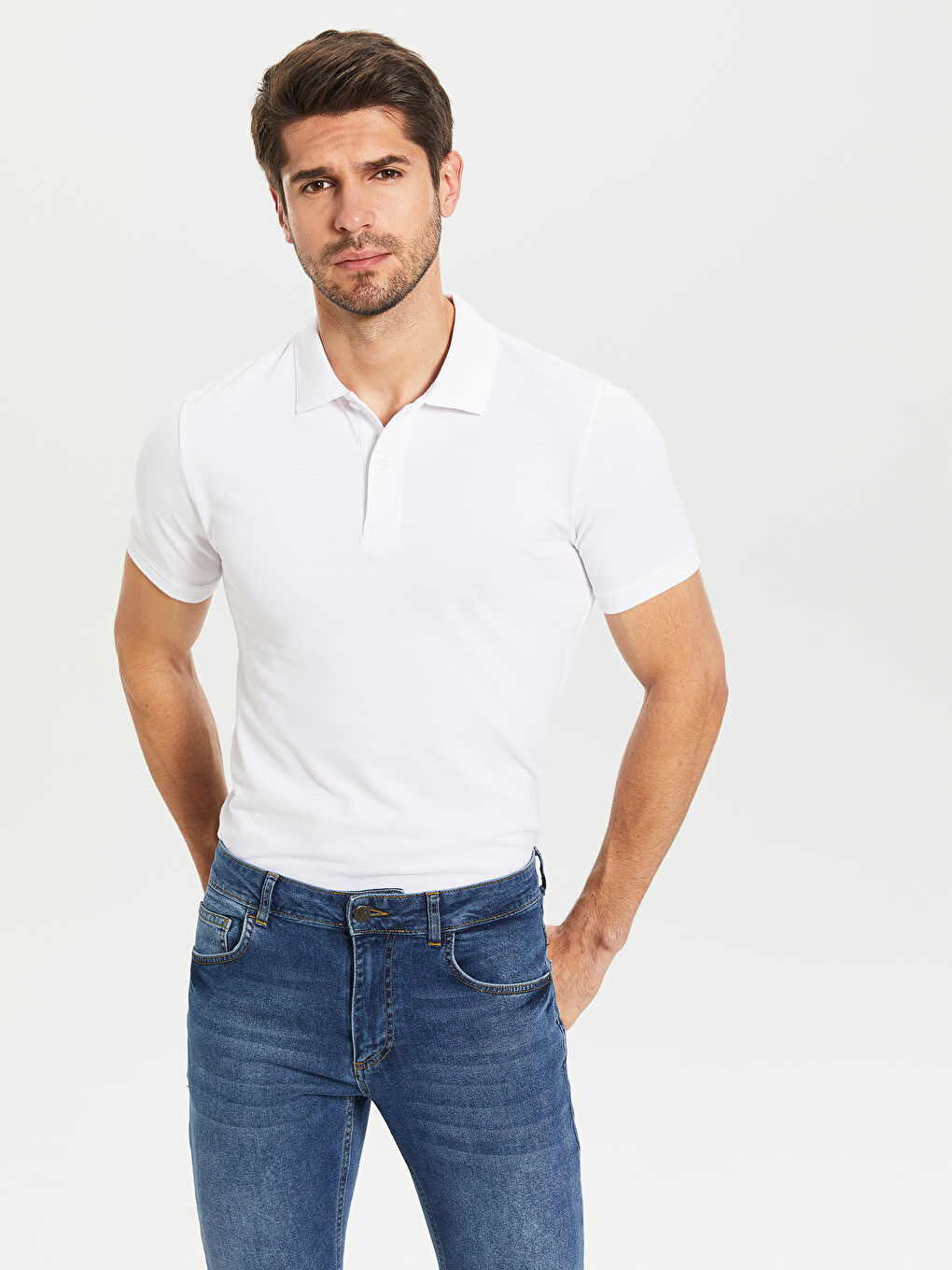 Beyaz Polo Yaka Kısa Kollu Basic Pike Tişört-2