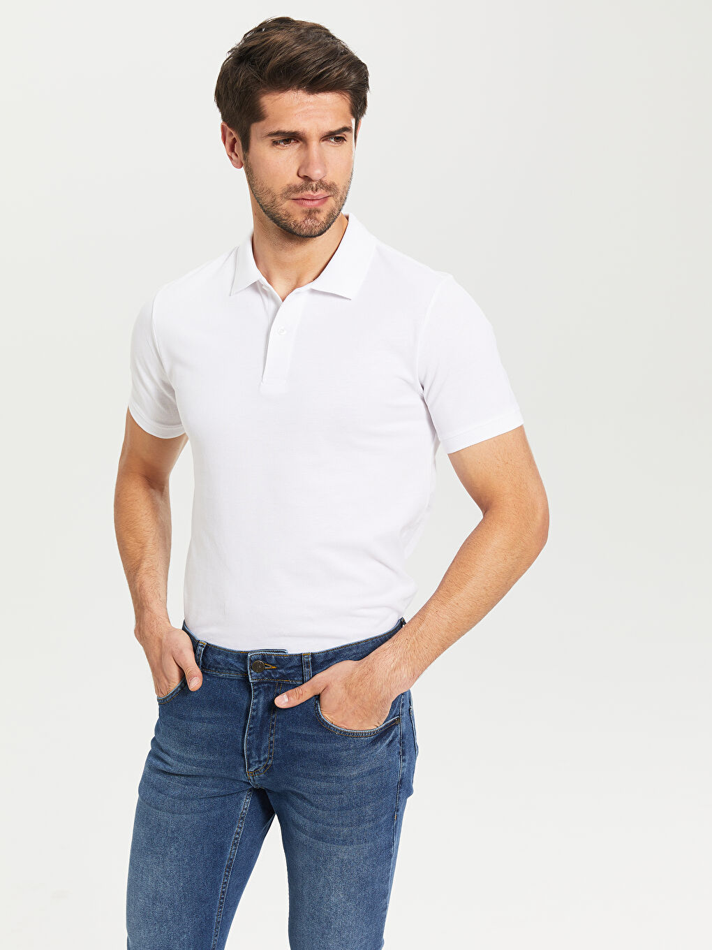 Beyaz Polo Yaka Kısa Kollu Basic Pike Tişört-3