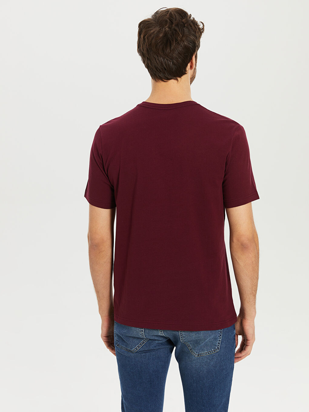 Bordo V Yaka Kısa Kollu Basic Pamuklu Erkek Tişört-2