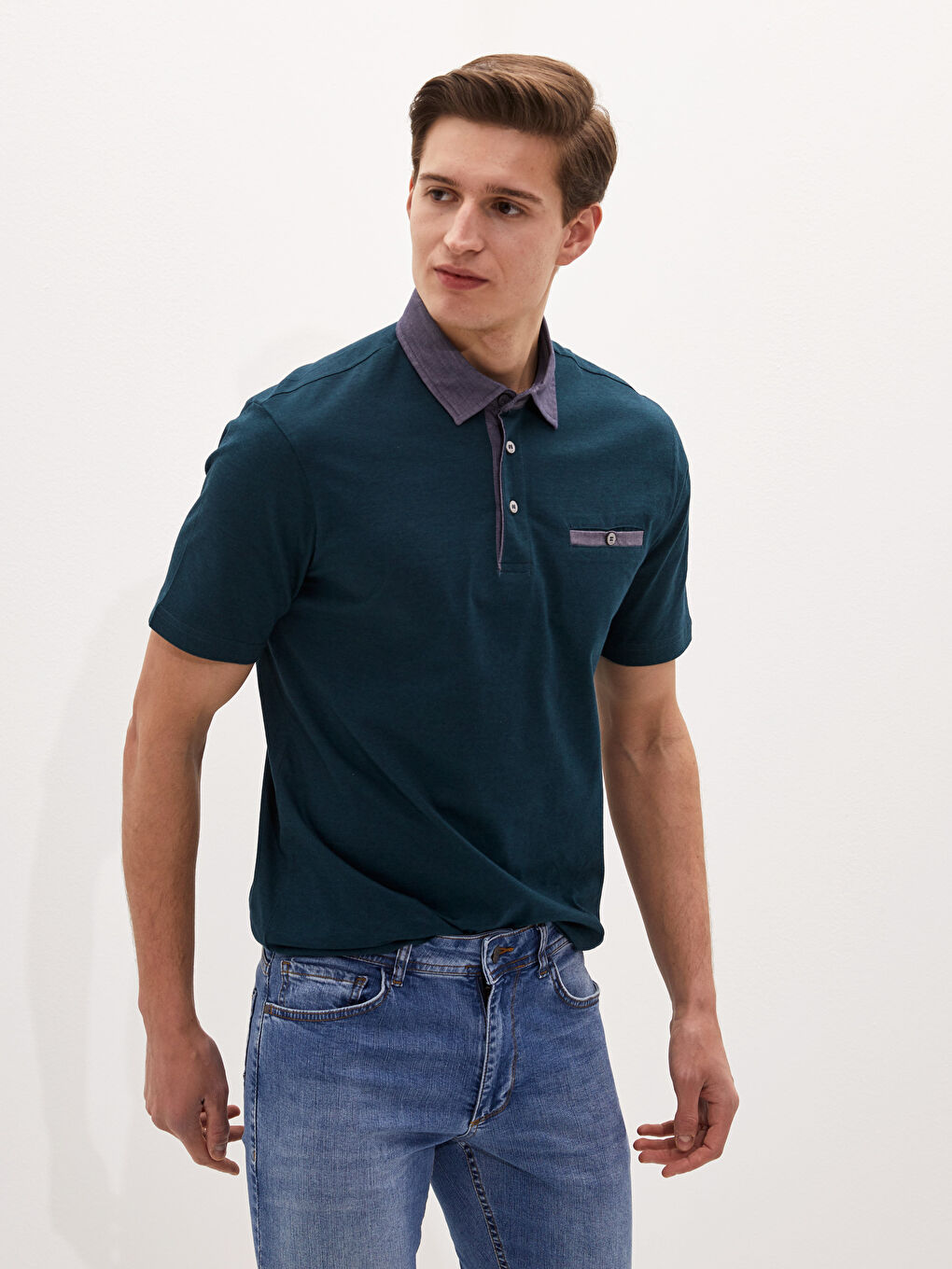 Yeşil Polo Yaka Kısa Kollu Penye Erkek Tişört-1