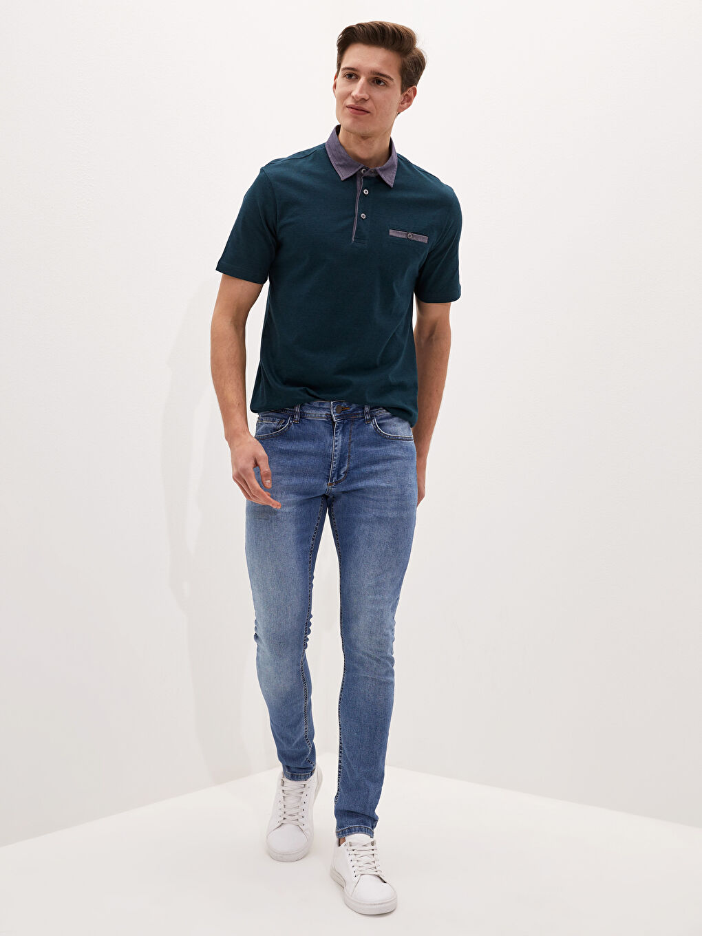 Yeşil Polo Yaka Kısa Kollu Penye Erkek Tişört-4