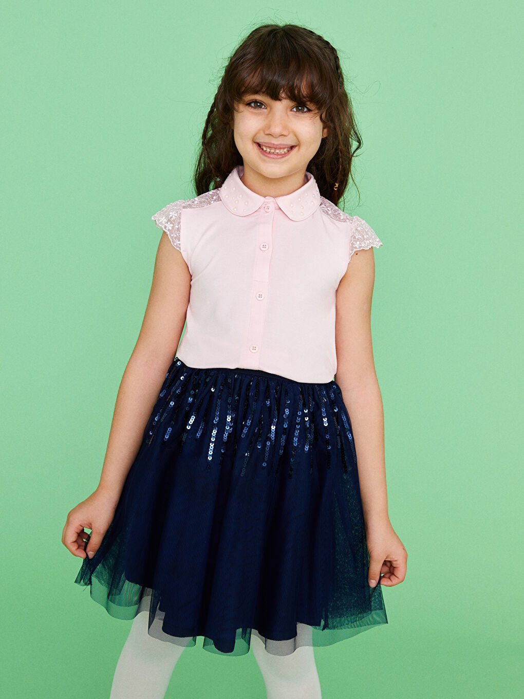 Pembe Dantel Detaylı Kısa Kollu Kız Çocuk Bluz-1